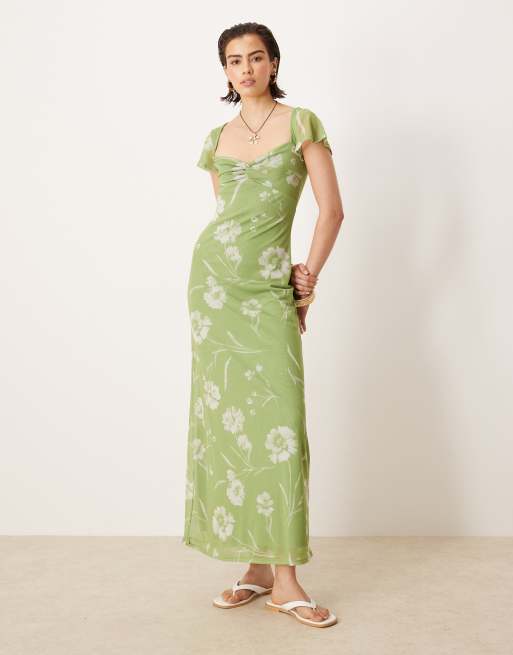 ASOS DESIGN - Vestito da giorno midi verde a fiori con dettaglio attorcigliato sul davanti e maniche con volant