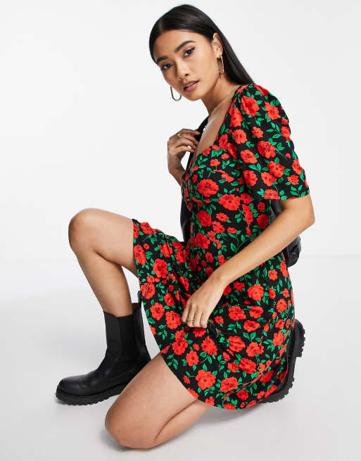 ASOS DESIGN - Vestito da giorno nero con stampa di rose rosse , 2 di 4