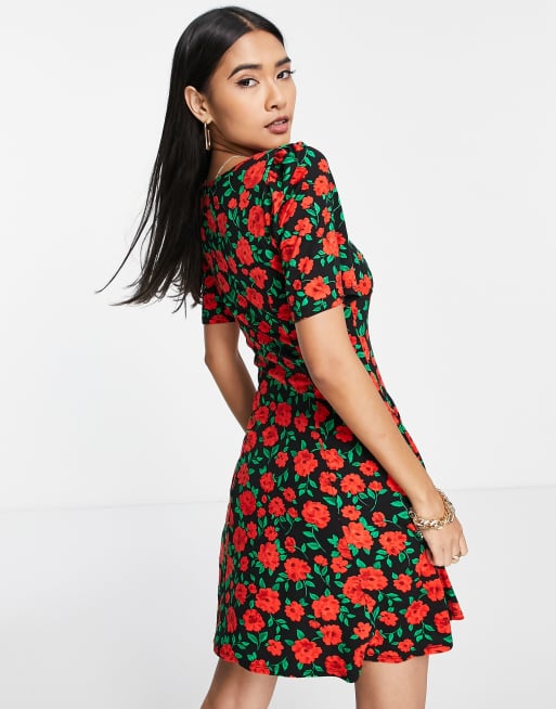 ASOS DESIGN - Vestito da giorno nero con stampa di rose rosse , 3 di 4