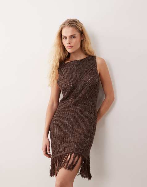 ASOS DESIGN - Vestito da mare corto in maglia marrone metallizzato con frange - view 1