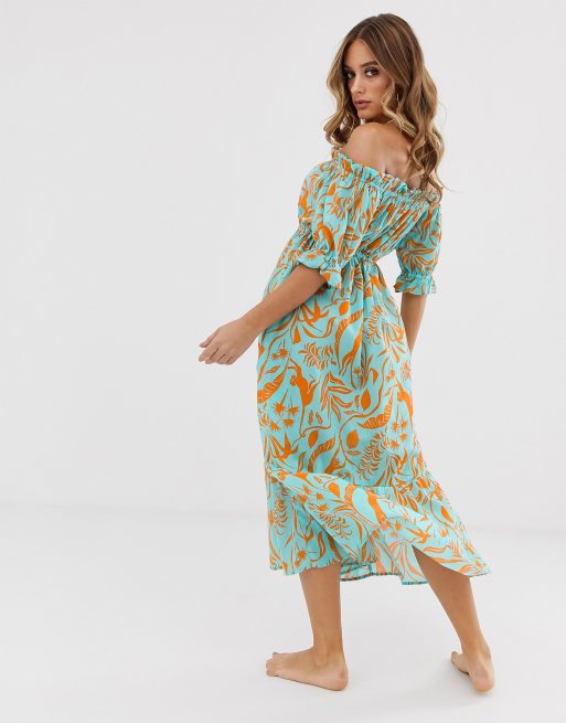 ASOS DESIGN - Vestito da mare lungo a balze con spalle scoperte e stampa tropicale verde a fiori, 2 di 4