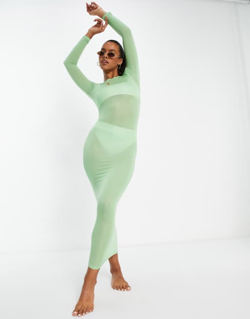 ASOS DESIGN - Vestito da mare lungo fasciante a maniche lunghe in maglia leggera, colore verde