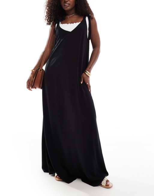 ASOS DESIGN - Vestito da mare lungo nero con anello a D sulle spalline