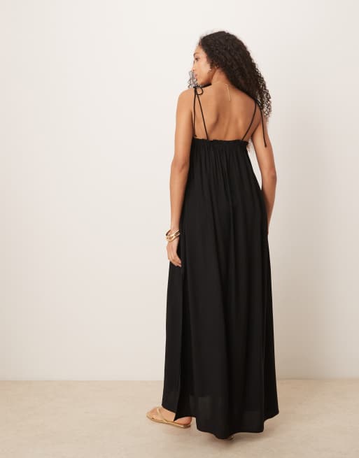 ASOS DESIGN Vestito da mare lungo nero con bustino arricciato ASOS