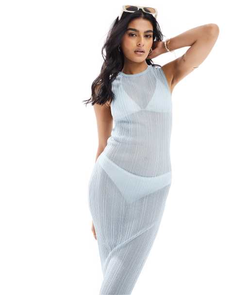 ASOS DESIGN - Vestito da mare lungo senza maniche in maglia sottile blu - view 1