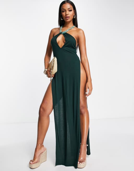 ASOS DESIGN - Vestito da mare lungo verde con spacchi profondi e catenina al collo  