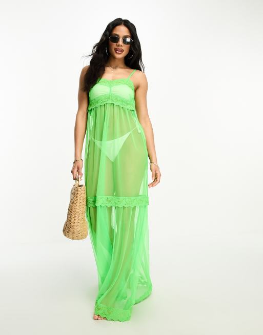 ASOS DESIGN Vestito da mare lungo verde fluo trasparente con dettagli in pizzo