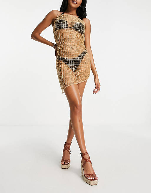 Asos Donna Sport & Swimwear Abbigliamento da mare Vestito da mare premium dorato con scollo ad anello a rete con perline 