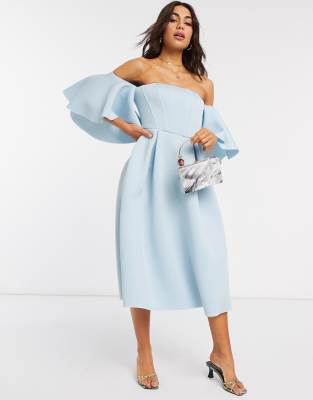 Vestito da prom midi a corsetto con stecche e scollo Bardot blu - ASOS DESIGN  donna Blu - immagine3