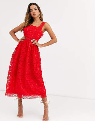 Vestito Da Prom Midi Con Spalline In Pizzo Rosso Asos Design Donna