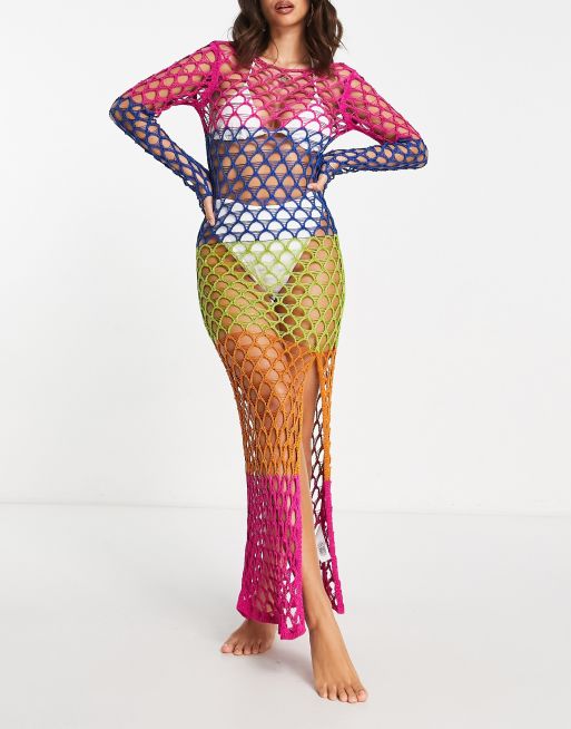 ASOS DESIGN - Vestito da spiaggia al polpaccio a maniche lunghe in maglia all'uncinetto a blocchi di colore 