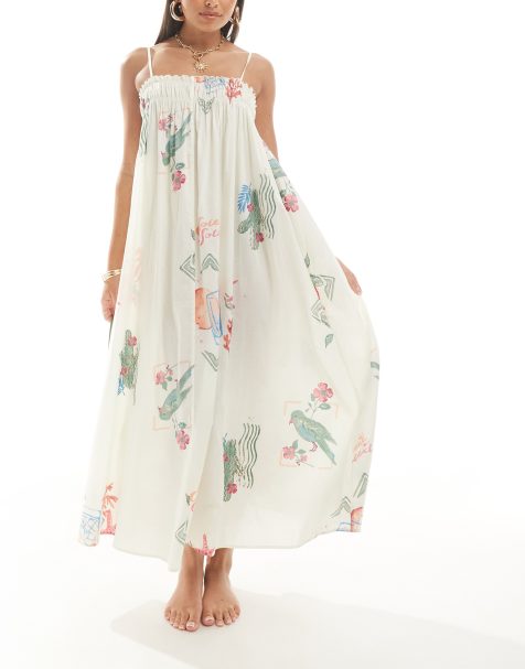 ASOS DESIGN - Vestito da spiaggia lungo a trapezio con stampa di cartoline - view 1