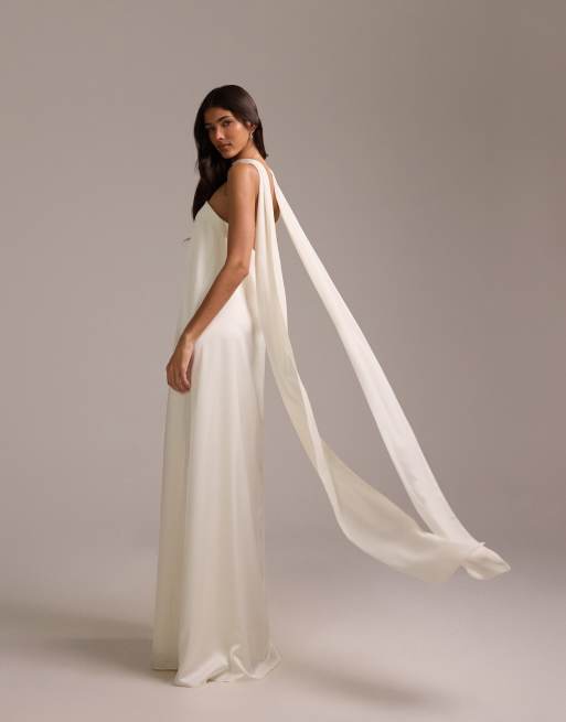 ASOS DESIGN - Vestito da sposa a fascia in raso avorio con strascico, 2 di 5