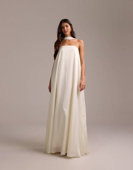 ASOS DESIGN - Vestito da sposa a fascia in raso avorio con strascico, 4 di 5
