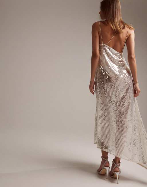 ASOS DESIGN Vestito da sposa al polpaccio asimmetrico e drappeggiato con spalline sottili in paillettes trasparente ASOS