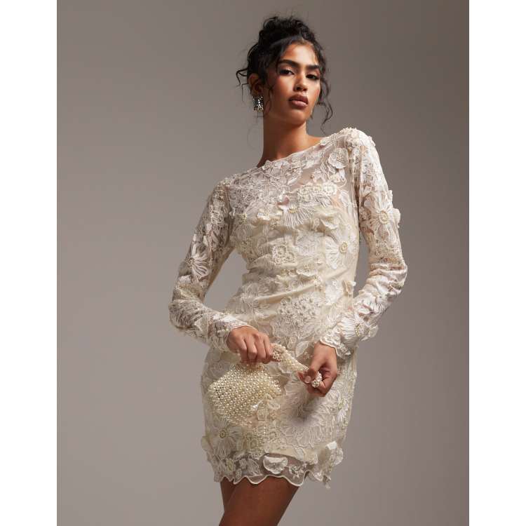 ASOS DESIGN Vestito da sposa corto color crema a maniche lunghe con ricami ASOS