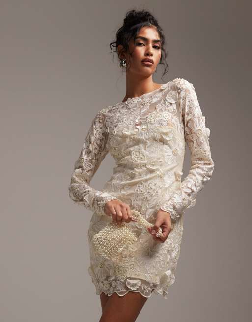 ASOS DESIGN Vestito da sposa corto color crema a maniche lunghe con ricami