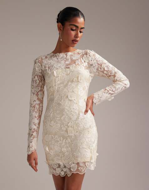 ASOS DESIGN - Vestito da sposa corto color crema a maniche lunghe con ricami - view 1