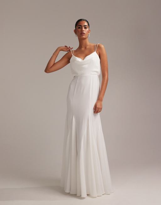 ASOS DESIGN - Vestito da sposa lungo a canottiera in raso bianco con godet e scollo ad anello, 4 di 6