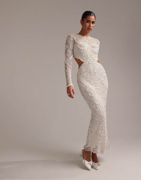 ASOS DESIGN - Vestito da sposa lungo a colonna con cut-out in vita decorato con perle - view 1