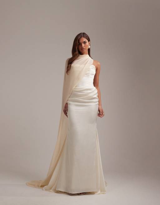 ASOS DESIGN - Vestito da sposa lungo a fascia drappeggiato color avorio, 1 di 6