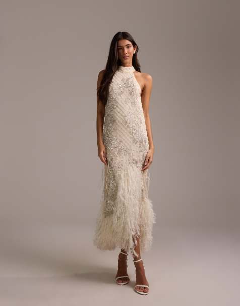 ASOS DESIGN - Vestito da sposa lungo allacciato al collo color avorio con decorazioni floreali e orlo con frange - view 1