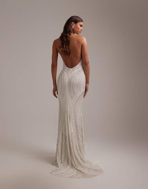 ASOS DESIGN - Vestito da sposa lungo bianco allacciato al collo con perline lineari e schiena scoperta, 2 di 5