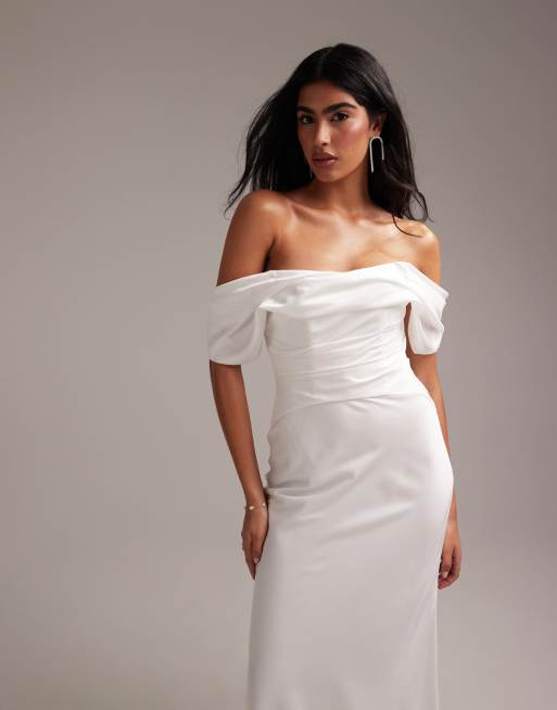 ASOS DESIGN - Vestito da sposa lungo bianco drappeggiato in raso con scollo alla Bardot, 4 di 6