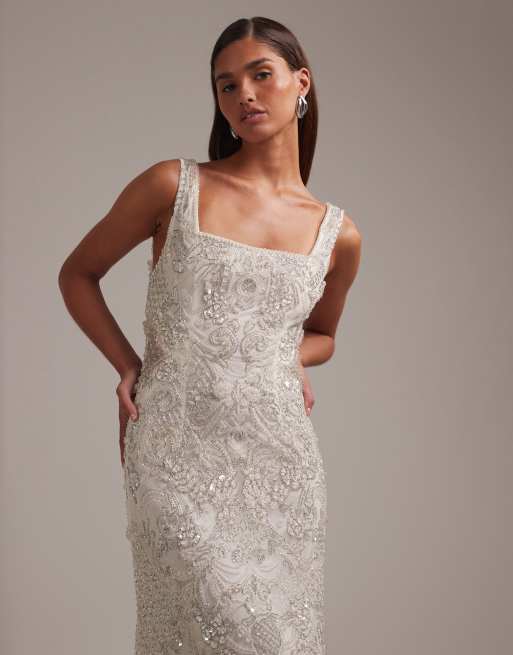 ASOS DESIGN - Vestito da sposa lungo con scollo squadrato decorato con cristalli, 2 di 5