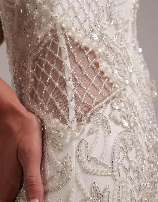ASOS DESIGN - Vestito da sposa lungo con scollo squadrato decorato con cristalli, 3 di 5