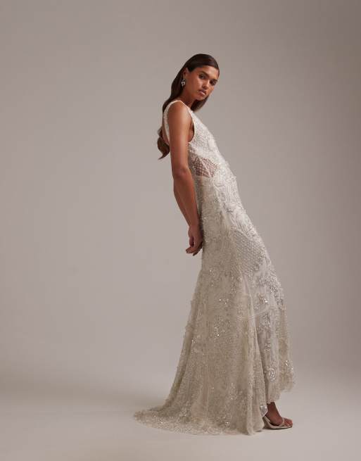 ASOS DESIGN - Vestito da sposa lungo con scollo squadrato decorato con cristalli, 4 di 5