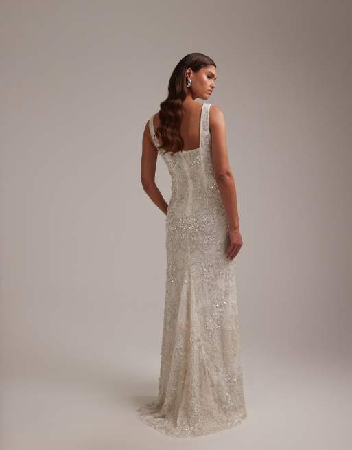 ASOS DESIGN - Vestito da sposa lungo con scollo squadrato decorato con cristalli, 5 di 5