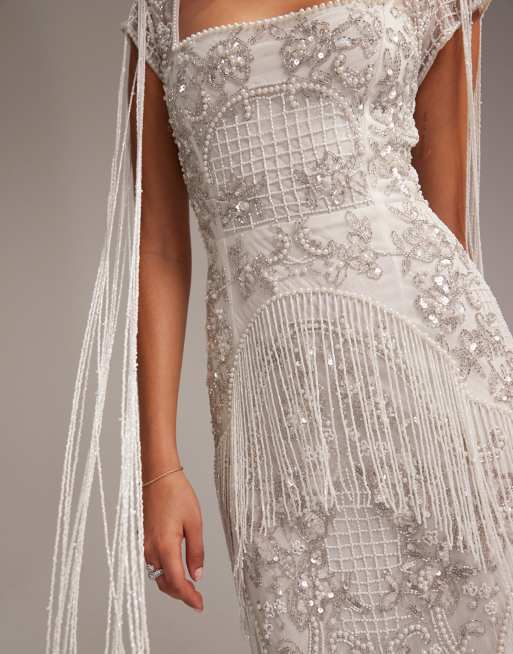 ASOS DESIGN - Vestito da sposa lungo decorato con frange e scollo squadrato, 3 di 6