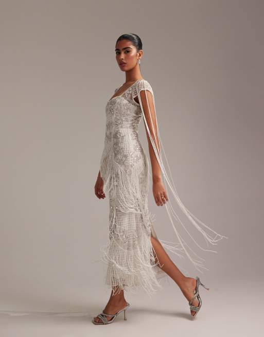 ASOS DESIGN - Vestito da sposa lungo decorato con frange e scollo squadrato, 5 di 6