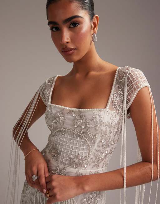 ASOS DESIGN - Vestito da sposa lungo decorato con frange e scollo squadrato, 6 di 6