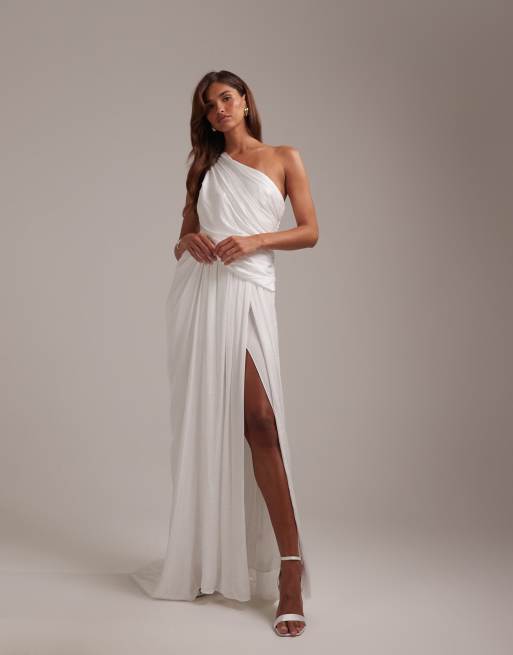 ASOS DESIGN - Vestito da sposa monospalla stile greco color avorio