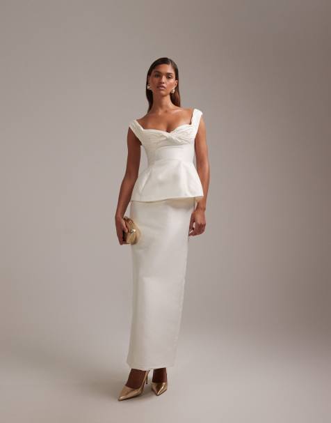 ASOS DESIGN - Vestito da sposa strutturato con arricciature, spalle scoperte e gonna al polpaccio color avorio - view 1