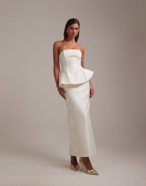 ASOS DESIGN - Vestito da sposa strutturato con strato sovrapposto e gonna longuette color avorio