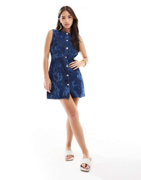 ASOS DESIGN - Vestito di jeans a maniche corte blu medio con bottoni - view 1