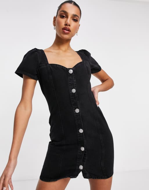 ASOS DESIGN - Vestito di jeans con bottoni con strass nero slavato