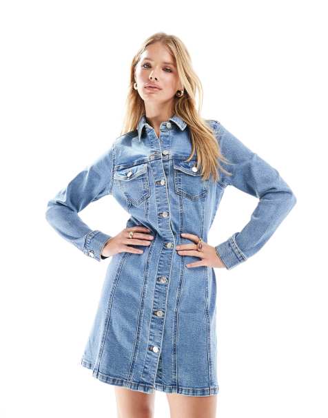 ASOS DESIGN - Vestito di jeans corto aderente a maniche lunghe blu medio - view 1