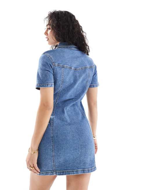 ASOS DESIGN - Vestito di jeans corto aderente blu medio, 3 di 4