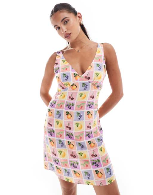 ASOS DESIGN - Vestito estivo corto in misto lino con stampa di frutta effetto piastrelle
