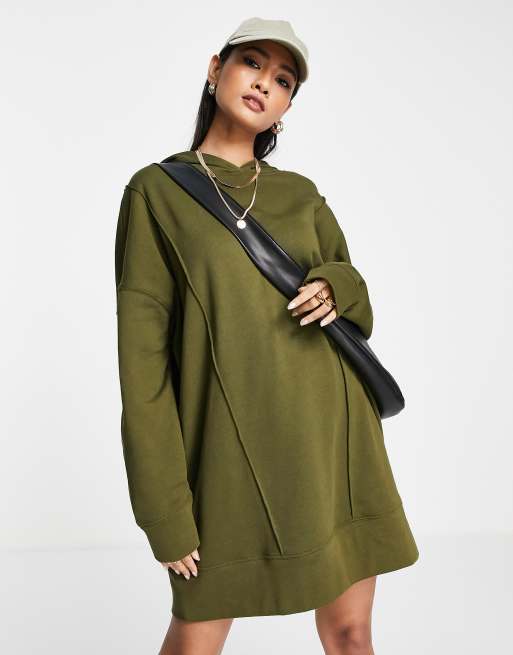 ASOS DESIGN - Vestito felpa con cappuccio oversize con cuciture, colore verde kaki