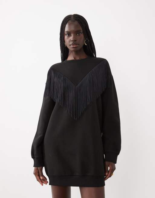 ASOS DESIGN vestito felpa con dettaglio frange nero, 1 di 4