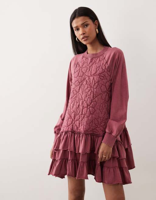 ASOS DESIGN - Vestito felpa corto premium trapuntato rosa intenso, 2 di 4
