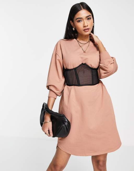 ASOS DESIGN - Vestito felpa oversize a grembiule sul retro color caffè