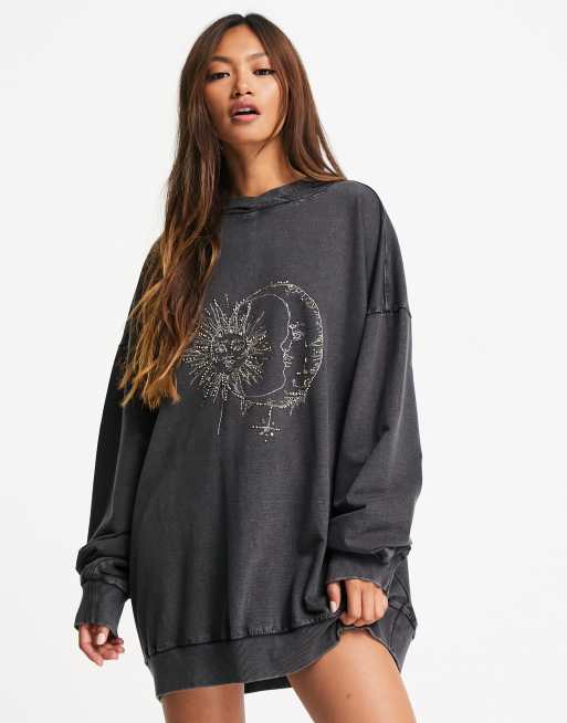 ASOS DESIGN - Vestito felpato oversize nero con stampa mistica, colore nero