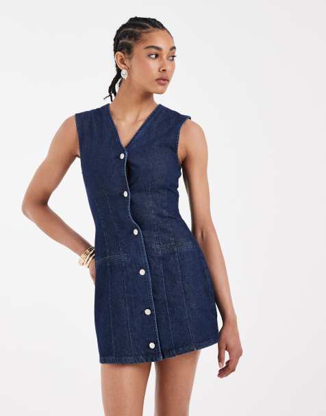 ASOS DESIGN - Vestito gilet in denim indaco con bottoni - view 1