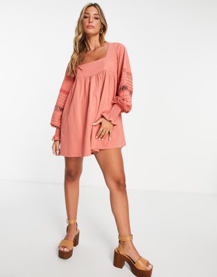 ASOS DESIGN square neck long sleeve smock dress with sleeve embroidery in rust - ASOS Price Checker